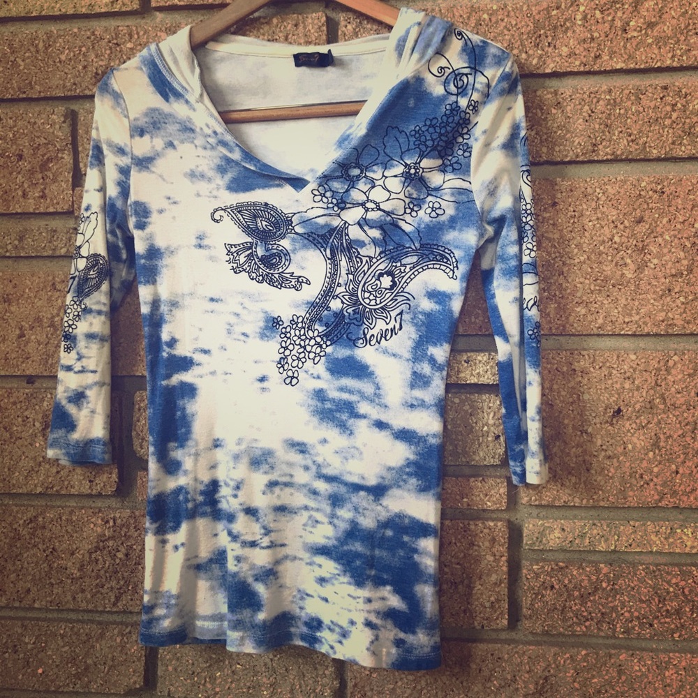 Seven7 Blue/White 3/4 Sleeve Hoodie - Size M
